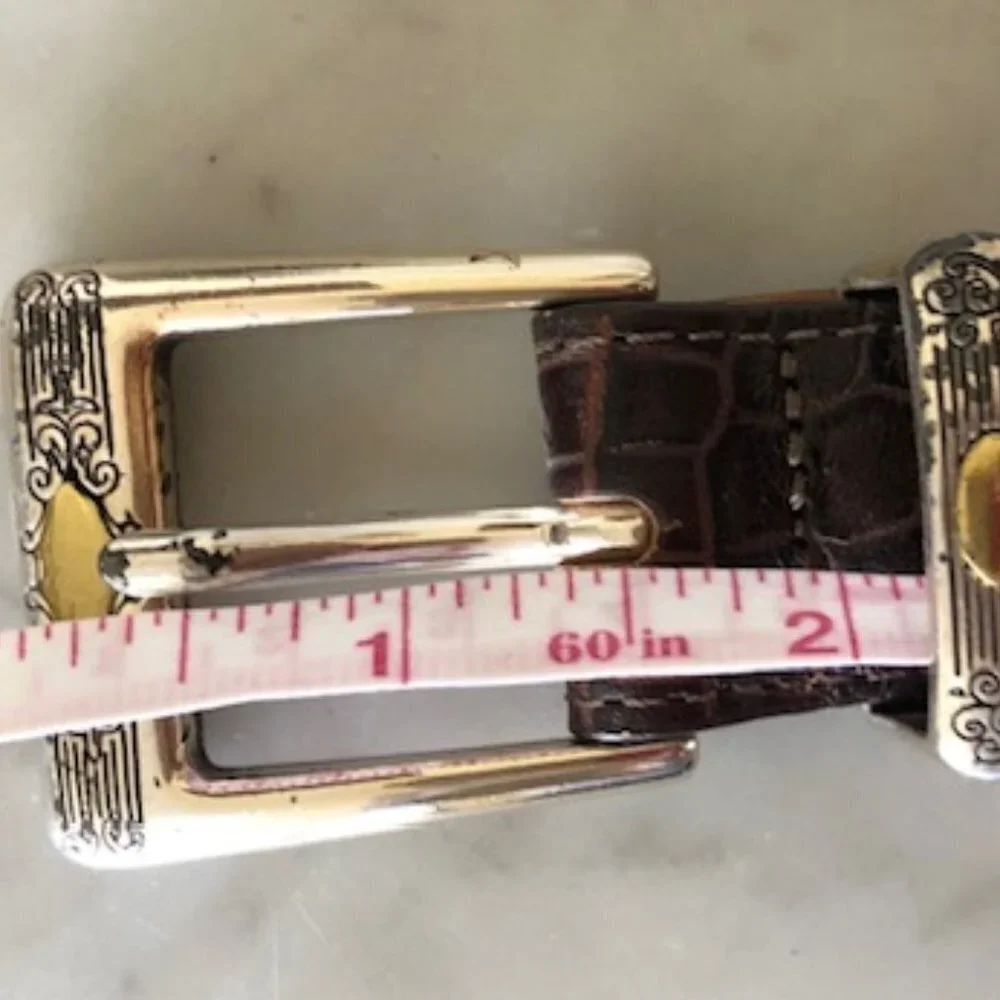 TALBOTS Crocodile Print Brown Western Silver Scroll Buckle Belt Large